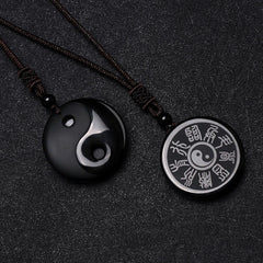 Black Obsidian Nine-Character Mantra Necklace – Matching couple pendant set, Yin-Yang and Bagua trigram design, black stone