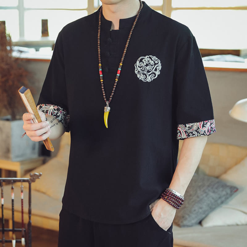 Dragon Embroidery Frog-Button Linen Tang Suit Shirt - Black styled with beaded necklace, bohemian
