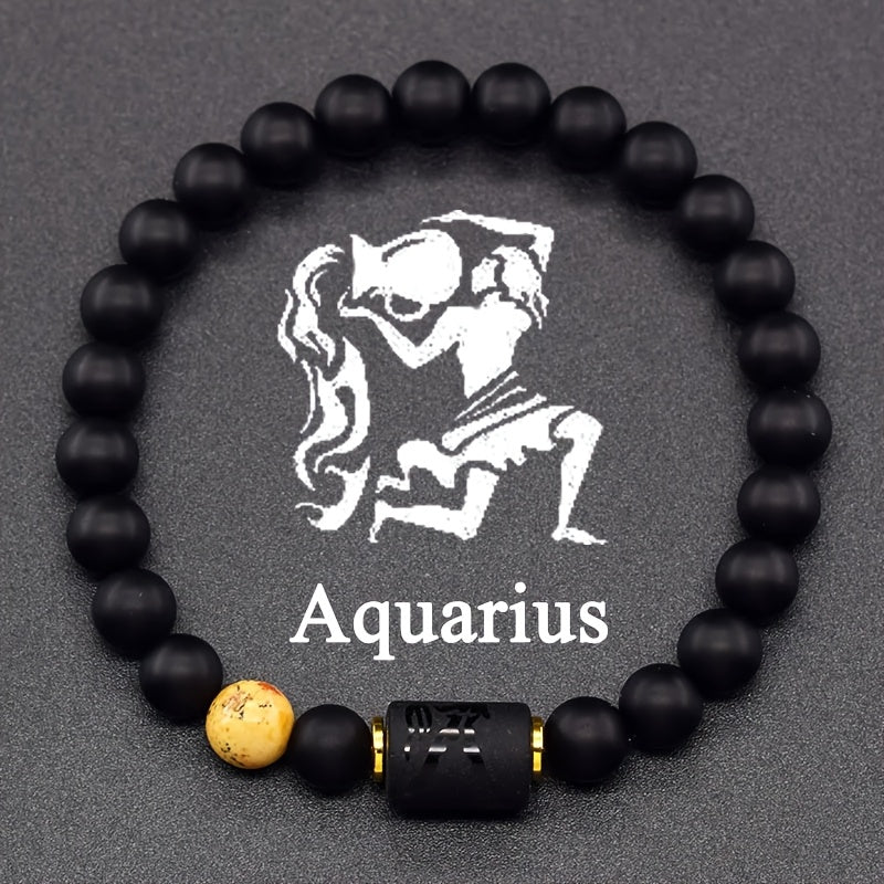 Zodiac Sign Bracelet – Aquarius with yellow accent stone and engraved barrel charm, horoscope jewelry