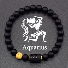 Zodiac Sign Bracelet – Aquarius with yellow accent stone and engraved barrel charm, horoscope jewelry