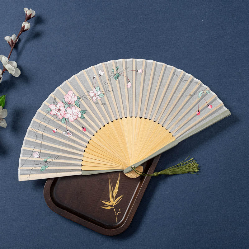 Lotus Begonia Jasmine Handheld Bamboo Folding Fan - plum and begonia blossoms on cream silk, green tassel