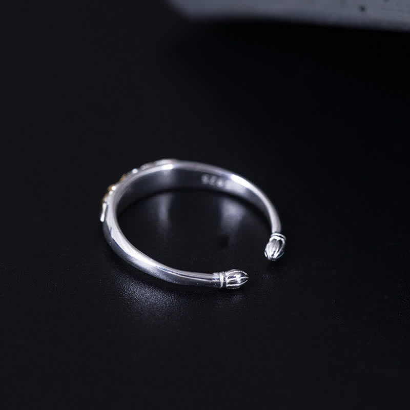 925 Sterling Silver Lotus Ring – 925 hallmark on silver open cuff with carved bud terminals, sterling silver