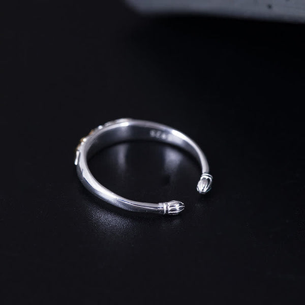 925 Sterling Silver Lotus Ring – 925 hallmark on silver open cuff with carved bud terminals, sterling silver