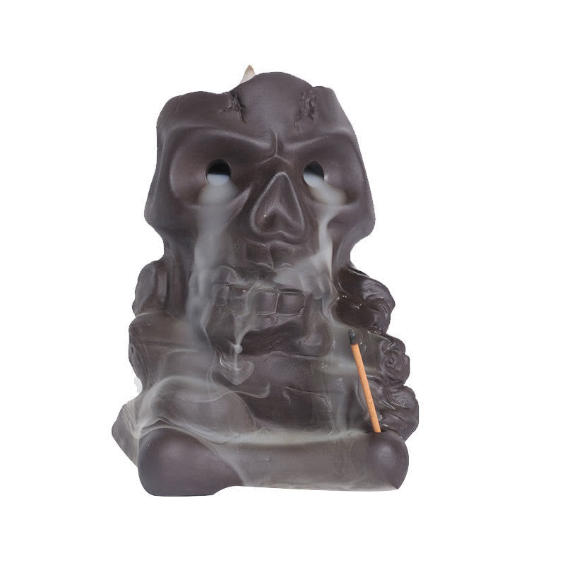 Skull Head Incense Burner – white background with smoke waterfall from eye sockets, healing decor