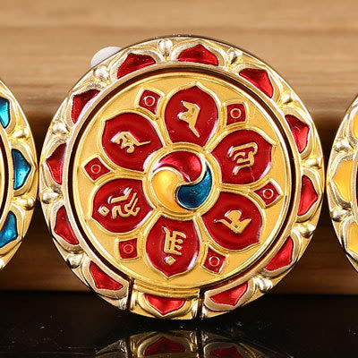 Om Mani Padme Hum Phone Ring Holder – Gold prayer wheel bead with red enamel and gold mantra, Buddhist charm