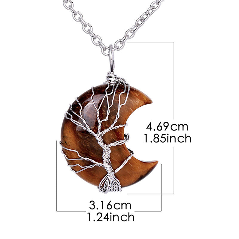 Quartz Crystal Moon Tree of Life Pendant – tiger eye crescent on white with measurement annotations, size reference