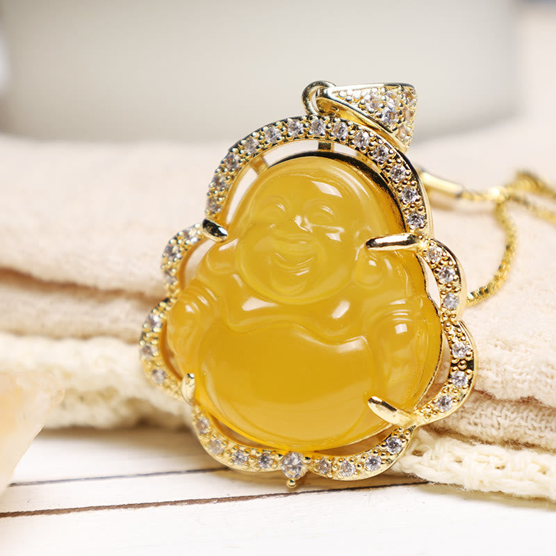 Jade Laughing Buddha Luck Necklace – yellow citrine Buddha on cream fabric with gold diamond border, warm glow