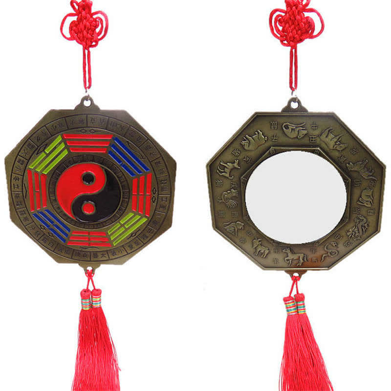 Feng Shui Bagua Map Mirror - Bronze bagua mirror with yin-yang, trigrams, zodiac engravings, red tassel, front and back view.