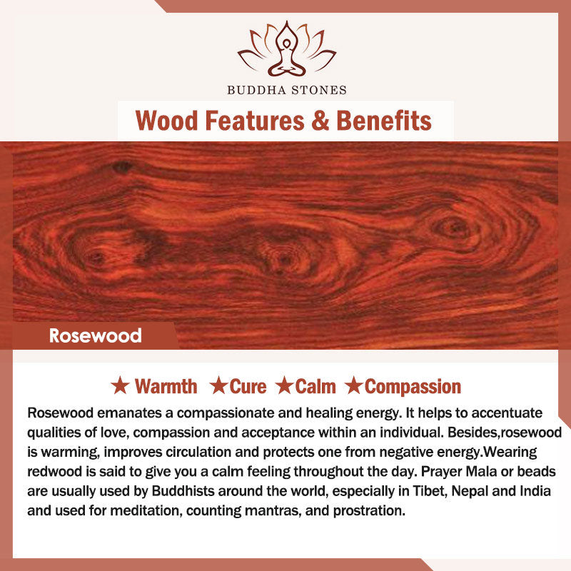 Buddha Stones brand material info card showing rosewood grain texture, wood features and benefits including warmth calm and compassion, educational product insert for Tibetan Rosewood Mala Bracelet