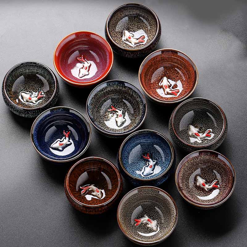 Jianzhan Koi Teacup – front view of kiln change glaze with koi pattern, 60ml tea cup