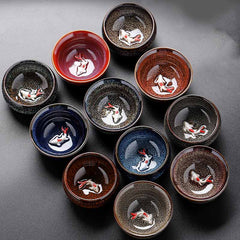 Jianzhan Koi Teacup – front view of kiln change glaze with koi pattern, 60ml tea cup