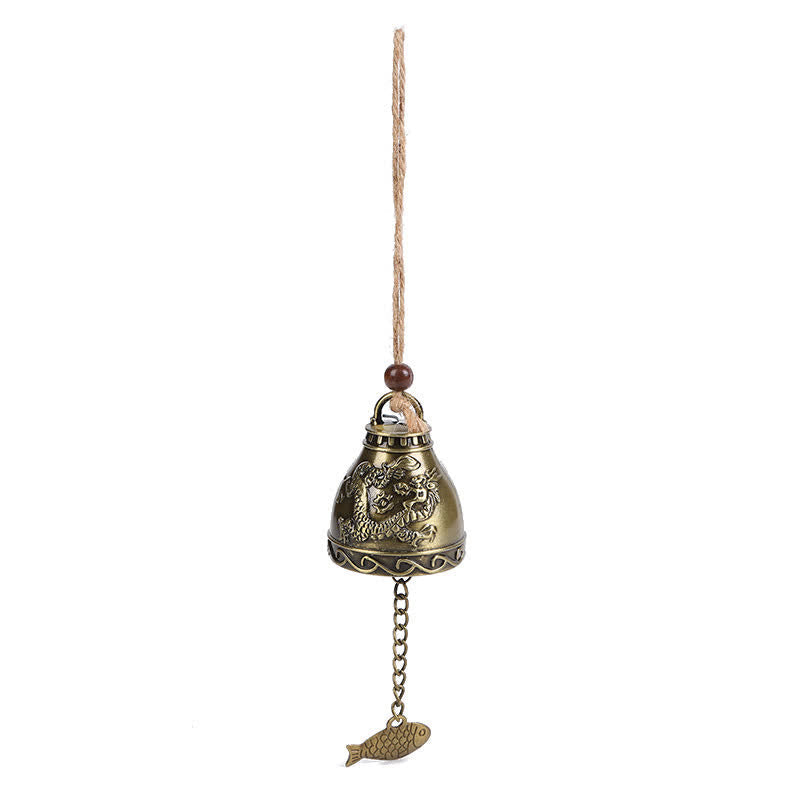 Feng Shui Wind Chime Bell - Dragon motif bronze bell with wave borders on white background, protective decor
