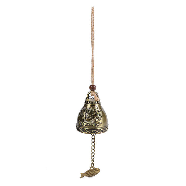 Feng Shui Wind Chime Bell - Dragon motif bronze bell with wave borders on white background, protective decor