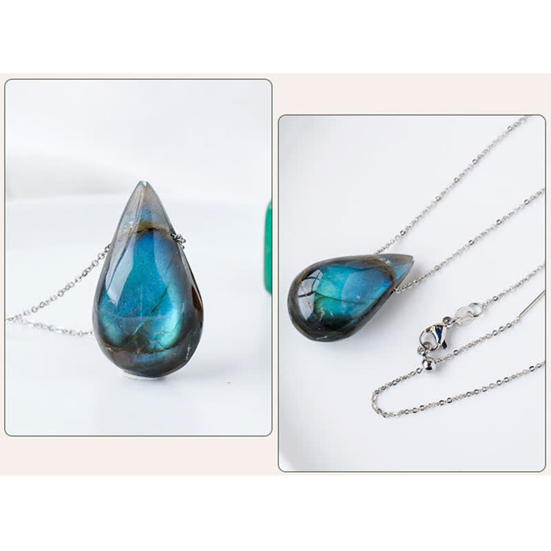 Labradorite water drop pendant necklace two-panel detail view showing blue-teal iridescent teardrop cabochon front profile and side angle with silver lobster clasp closure on white background
