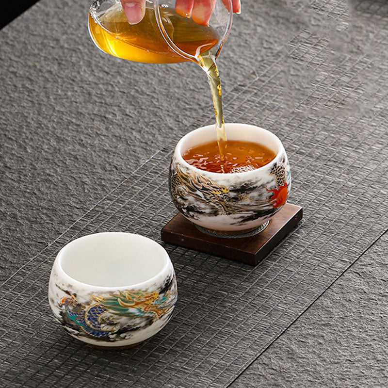 Dragon Playing Pearl Porcelain Teacup – Tea pouring action, gold and teal dragon art, glass fairness cup, coaster