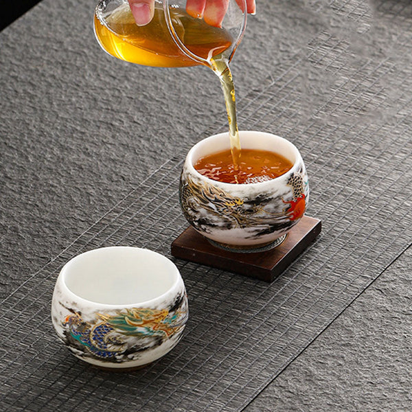 Dragon Playing Pearl Porcelain Teacup – Tea pouring action, gold and teal dragon art, glass fairness cup, coaster