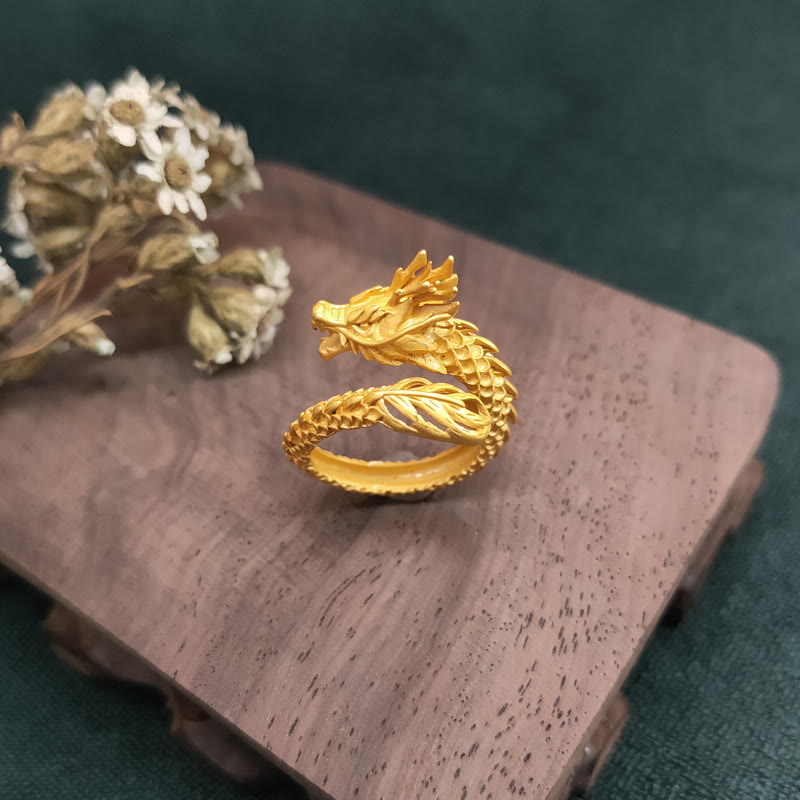 Golden Dragon Success Strength Ring - intricate scale pattern on coiled dragon, artisan gold ring
