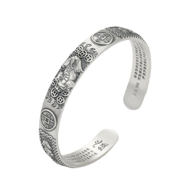 S999 sterling silver Pixiu open cuff bracelet with carved wealth beast, lucky coin motifs and Buddhist Heart Sutra interior engraving