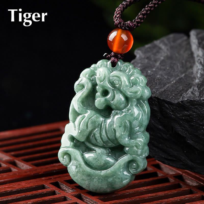 Jade Zodiac Prosperity Necklace – Tiger crouching on dark wood, fierce protection, brave