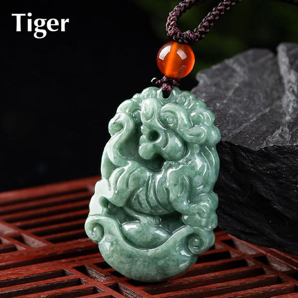 Jade Zodiac Prosperity Necklace – Tiger crouching on dark wood, fierce protection, brave
