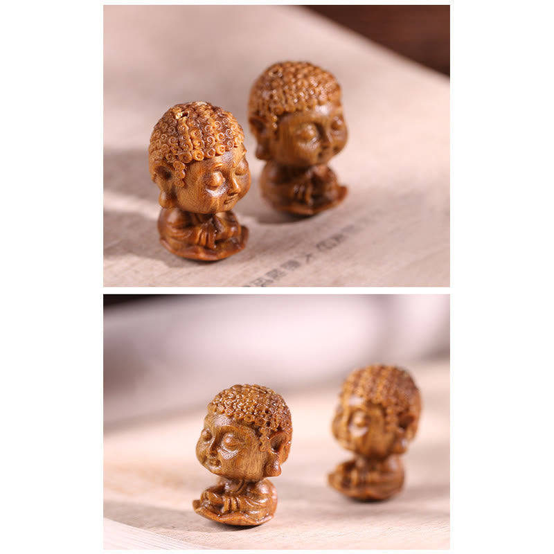 Chinese Zodiac Green Sandalwood Buddha – split panel macro view of Buddha head pair, Exquisite