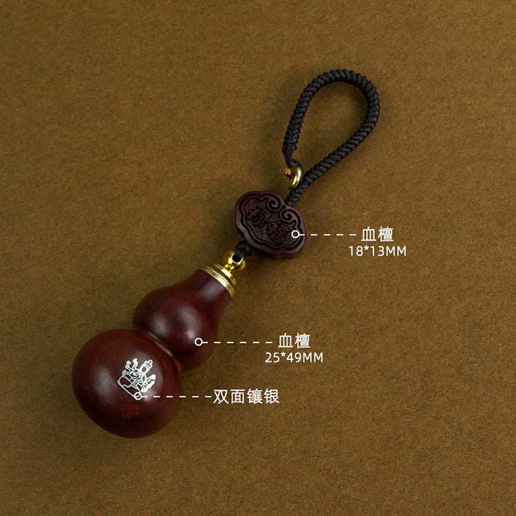 Red Sandalwood Wooden Gourd Key Pendant with 8 Guardians – Feng Shui Gourd Keychain with Eight Guardians