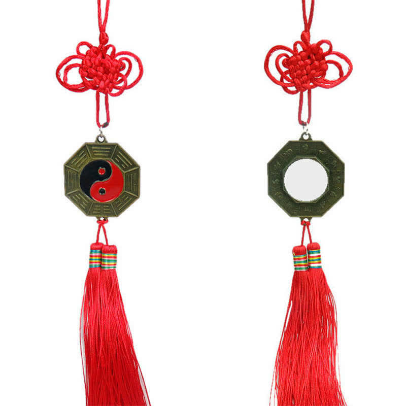 Feng Shui Bagua Map Mirror - Bagua mirror ornament with red mystic knot and silk tassel, front and back showing yin-yang and.