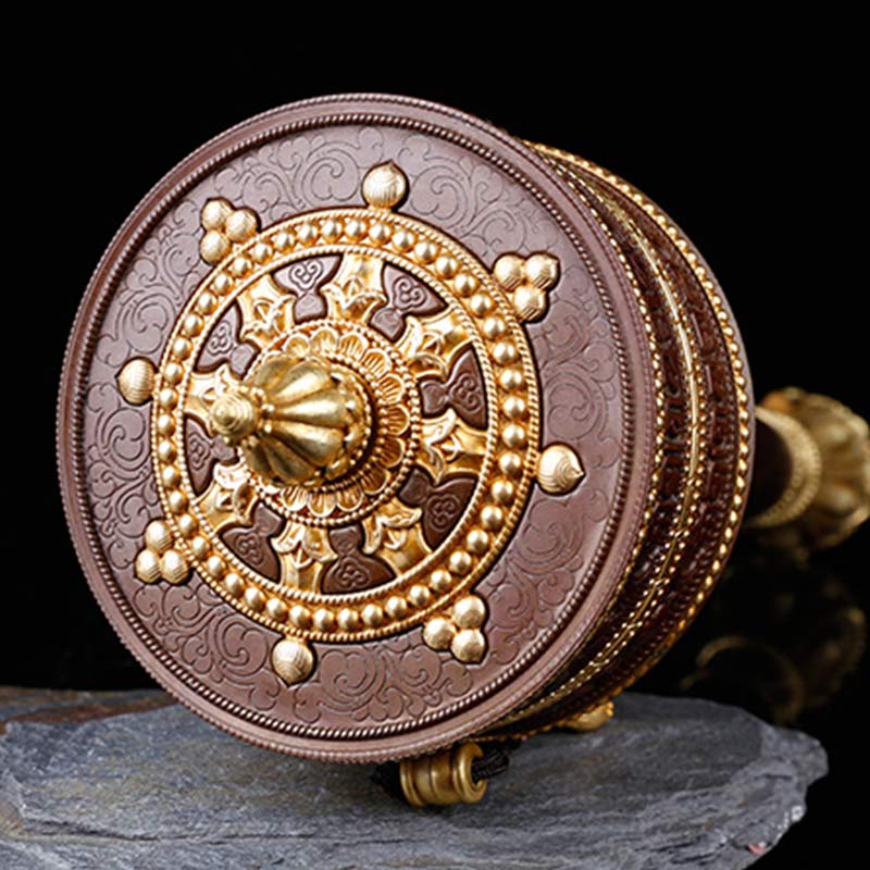 Copper Tibetan Prayer Wheel – Copper body with gold lotus mandala face on stone base, Buddhist artifact