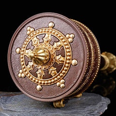 Copper Tibetan Prayer Wheel – Copper body with gold lotus mandala face on stone base, Buddhist artifact
