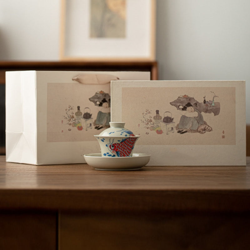 Koi Sancai Cup – comparison of lid open and closed positions, gaiwan 130ml