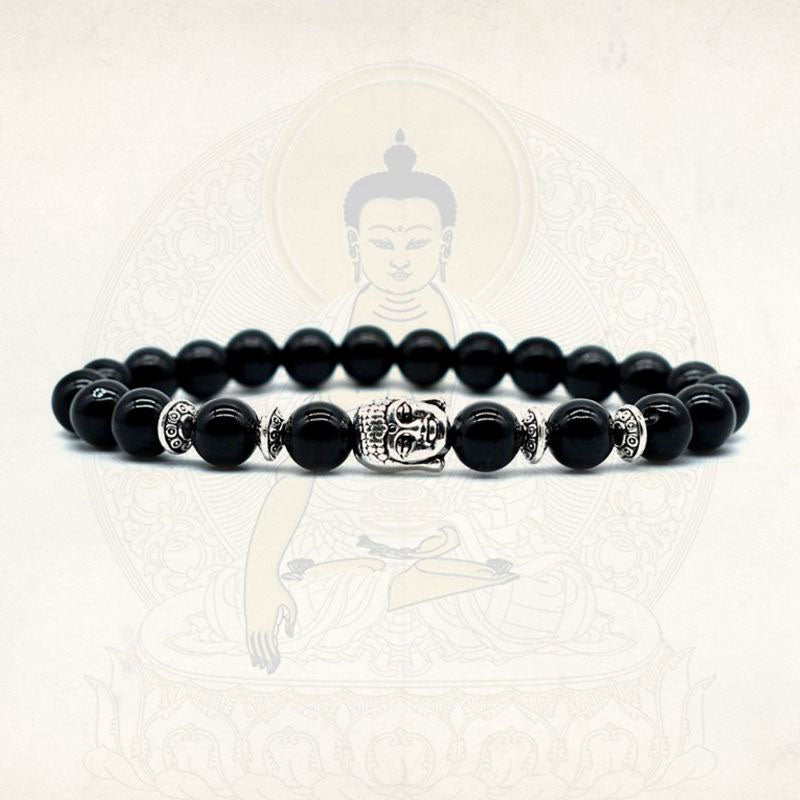 Amethyst Buddha Bracelet – Black onyx front view with Buddha silhouette background, grounding jewelry