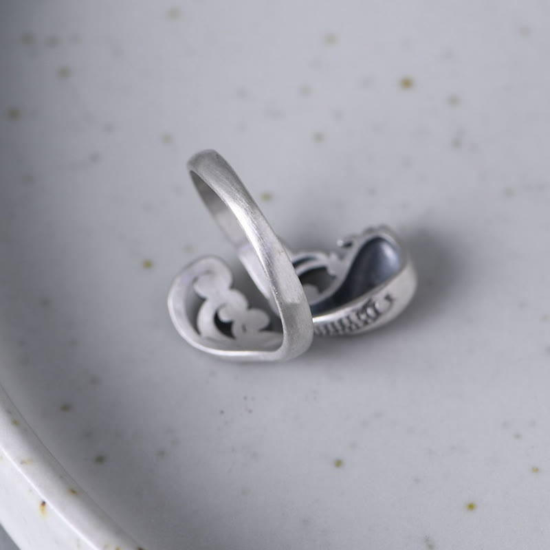 925 Sterling Silver Koi Ring – pair of koi fish facing each other with water ripple background, silver band, prosperity