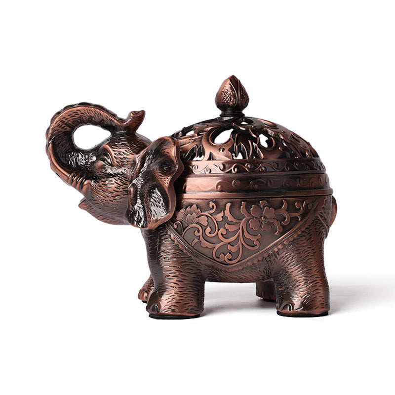 Elephant Alloy Incense Burner – angled view highlighting lotus finial, Strong