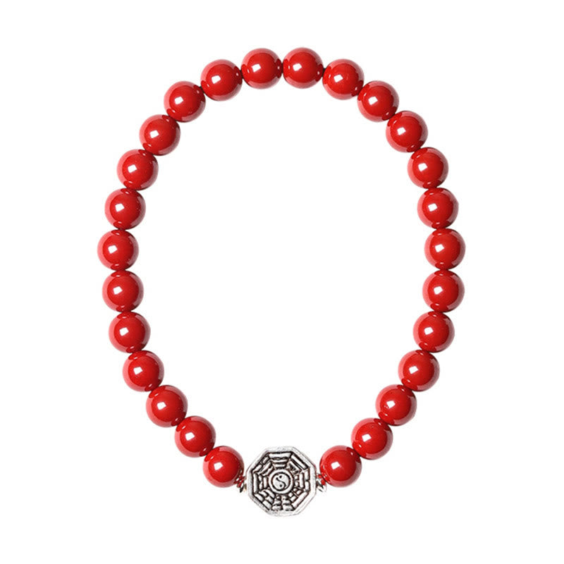 925 Sterling Silver Yin Yang Bagua Cinnabar Bracelet – Red beaded bracelet with Bagua charm, clean white background