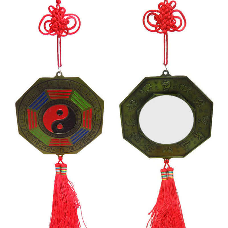 Feng Shui Bagua Map Mirror - Bronze bagua mirror with yin-yang, trigrams, zodiac animals, red tassel and Chinese knot, front.