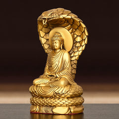 Buddha Shakyamuni Snake Copper Statue Home Offering Decor – meditation under snake canopy, sacred icon