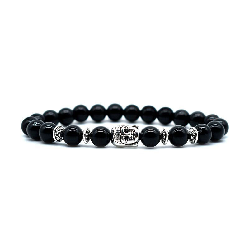 Amethyst Buddha Bracelet – Glossy black onyx beads with silver Buddha charm front view, protection