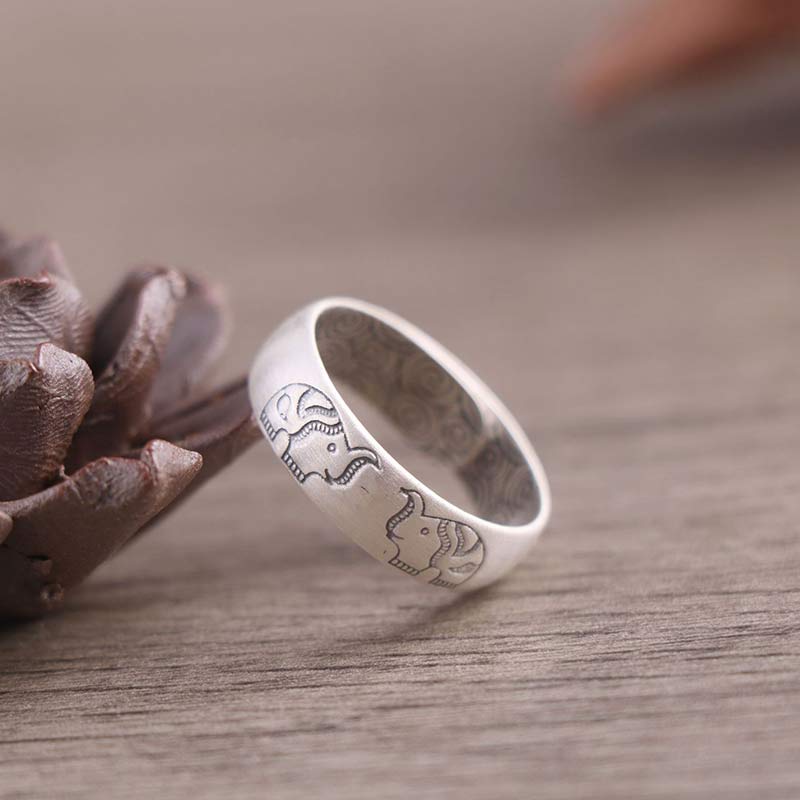 Sterling Silver Elephant Ring - paired elephant engraving on pine cone, oxidized detail