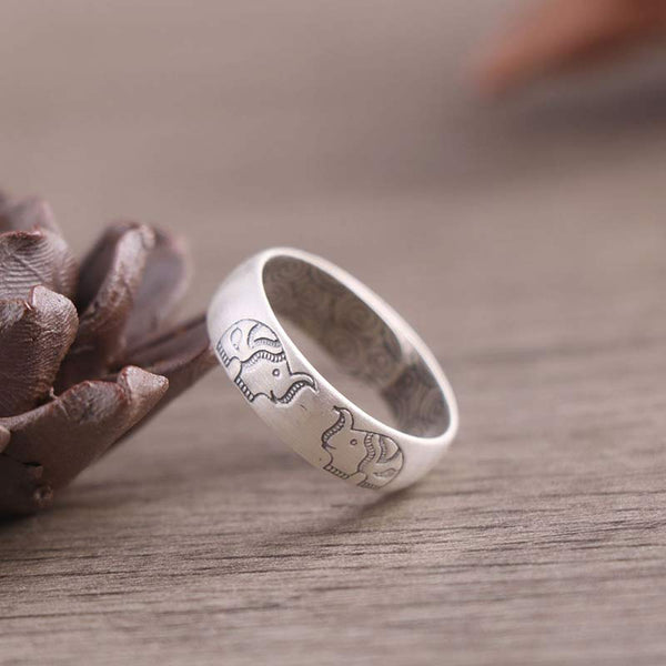 Sterling Silver Elephant Ring - paired elephant engraving on pine cone, oxidized detail