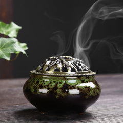 Flower Pattern Ceramic Burner – moss green brown ombré glaze with lotus lid smoke, tranquil