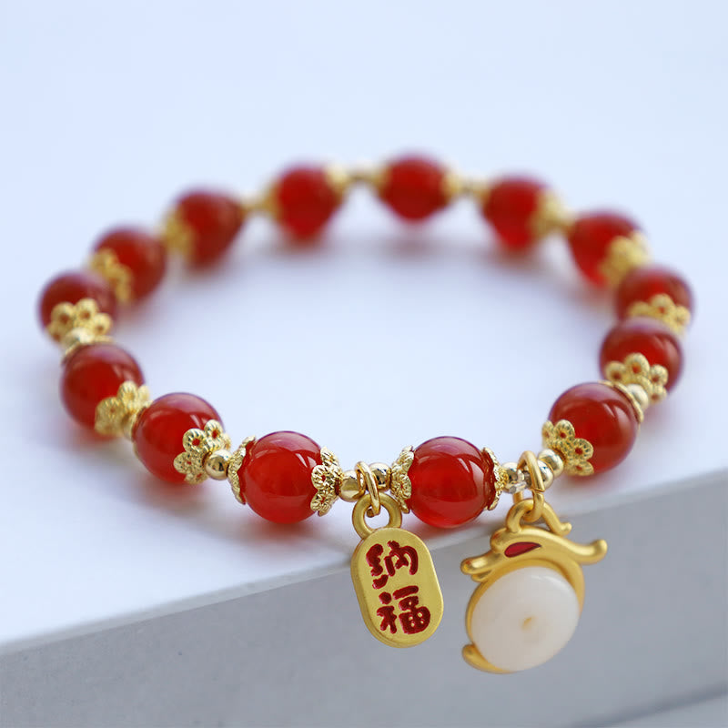 Red Agate Aventurine Dragon Bracelet – Red agate beads with gold na fu blessing and dragon charm, Blessing