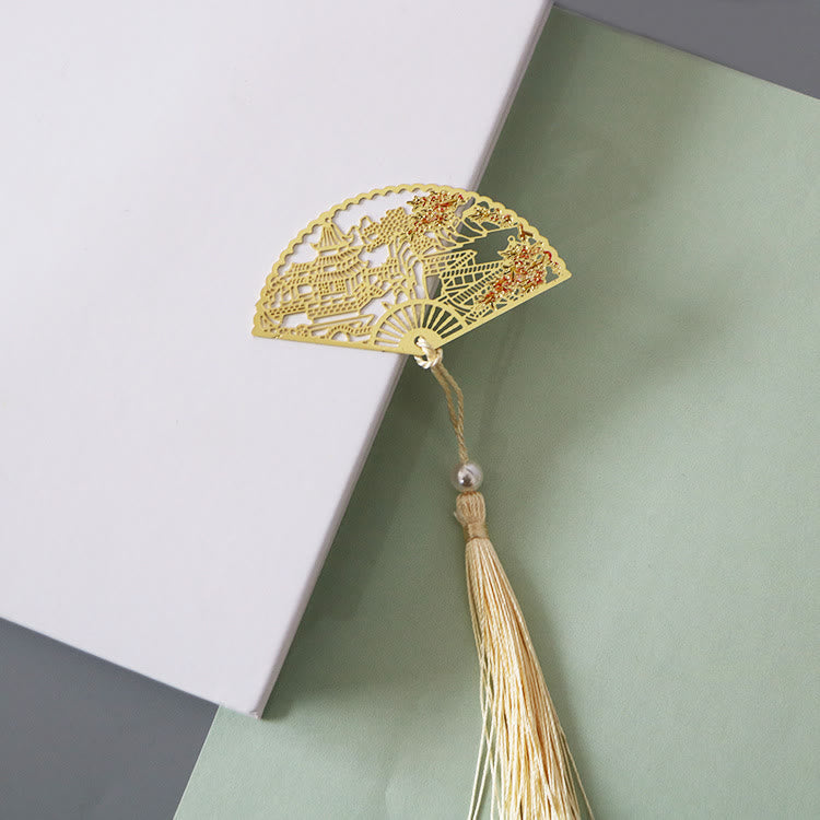 Brass Hollow Fan Bookmark - Asian architecture cutout with cream tassel and pearl, sophisticated
