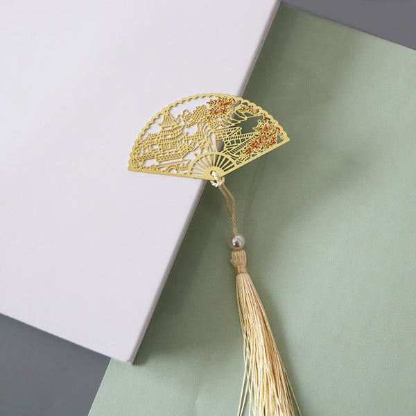 Brass Hollow Fan Bookmark - Asian architecture cutout with cream tassel and pearl, sophisticated