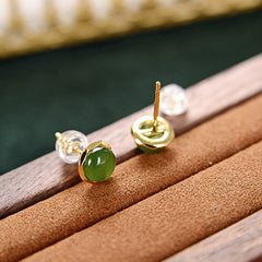 925 Sterling Silver Plated Gold Natural Hetian Cyan Jade Bead Luck Stud Earrings