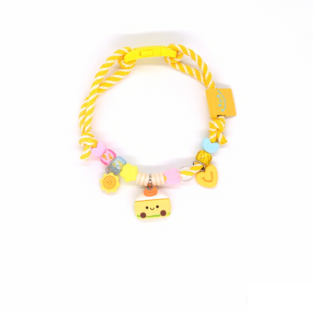 Adjustable Pet Collar – Yellow-white rope with smiley cake, sunflower & heart charms, kawaii collar