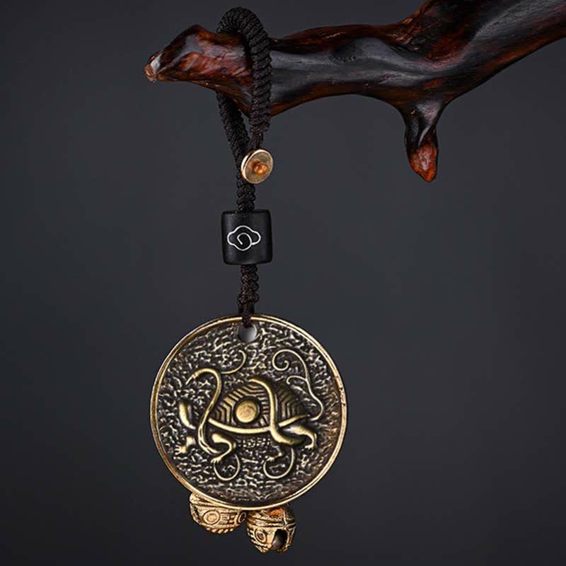Four Symbols Constellation Key Chain - Xuanwu Black Tortoise bronze pendant with bells and cloud bead, Resilient