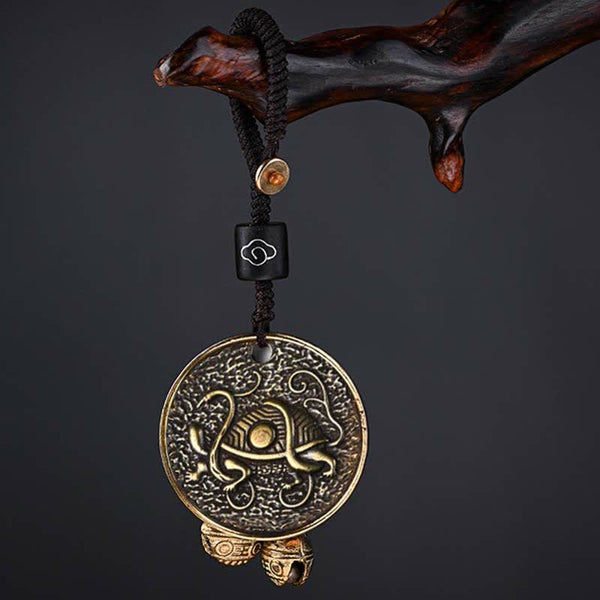 Four Symbols Constellation Key Chain - Xuanwu Black Tortoise bronze pendant with bells and cloud bead, Resilient