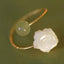 14K Gold Tridacna Jade Rose Ring – Gold open-cuff ring with pale green jade bead and carved white mother-of-pearl rose, olive green textured background