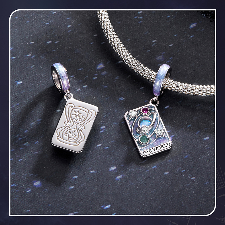 Tarot Silver Charm – The World charm front and art nouveau reverse with purple enamel bail