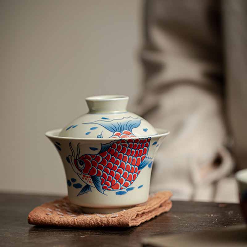 Koi Sancai Cup – pouring angle showing lid as strainer, Chinese gaiwan